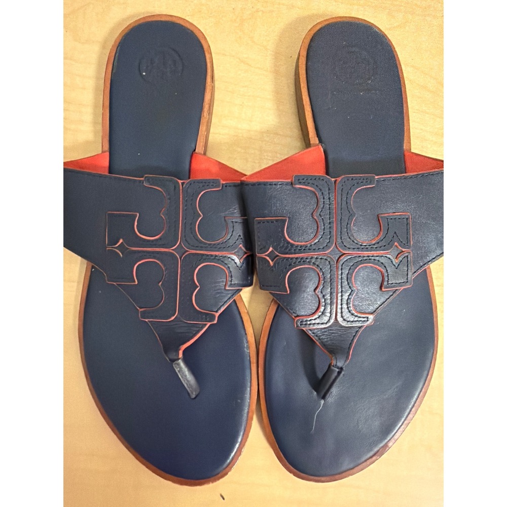 Tory Burch Miller Navy Blue Leather Logo Thong Sandals Red Trim 9M 5588 D16